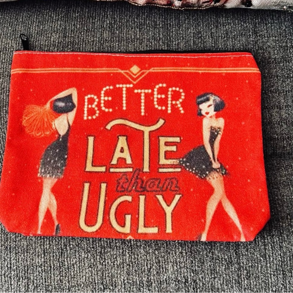 💄New Better Late Than Ugly Red & Gold Zippered Canvas Makeup Jewelry Storage Bag